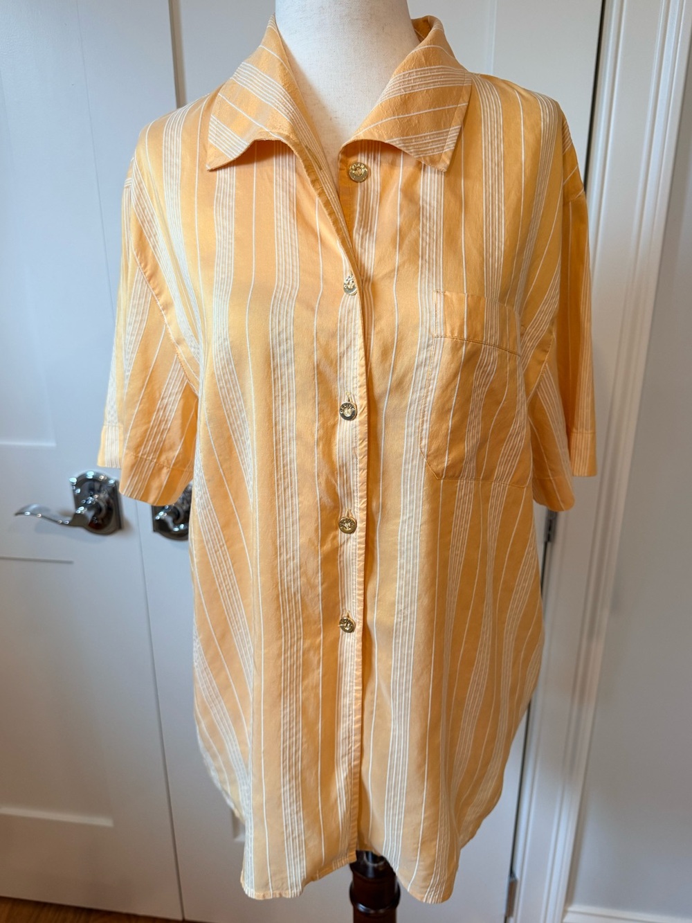 Celine Yellow and White Striped Silk Twill Short-Sleeve Button-Down Shirt